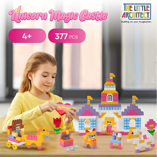 The Little Architect Unicorn Magic Castle Building Blocks Kit for Kids, Australian Made* Children Ages 4 to 12 – Construction Building Block Set – Unicorn Gift Girls, Cat, Friends, Flowers, Chariot