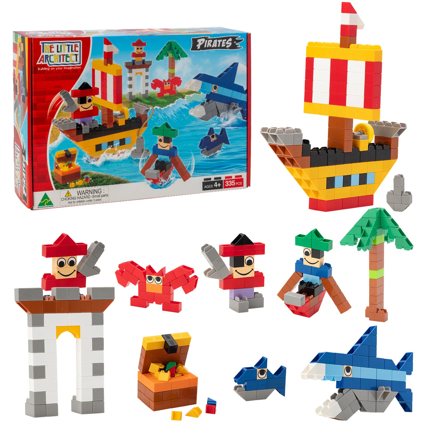 The Little Architect Pirates Building Blocks Kit for Kids, Australian Made. Boys, Girls – Pirate Ship Model Boat, Treasure Chest, Shark Brick, Deep Sea Creatures, Crab, Palm Tree. Pirate Build