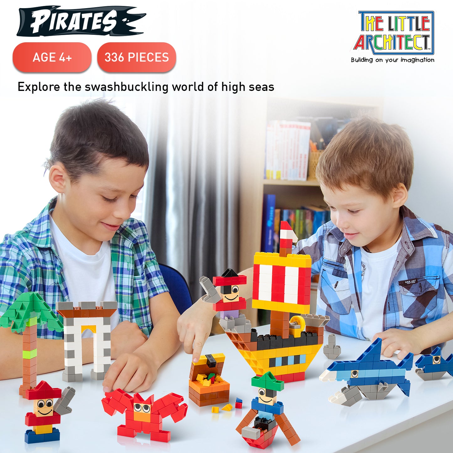 The Little Architect Pirates Building Blocks Kit for Kids, Australian Made. Boys, Girls – Pirate Ship Model Boat, Treasure Chest, Shark Brick, Deep Sea Creatures, Crab, Palm Tree. Pirate Build