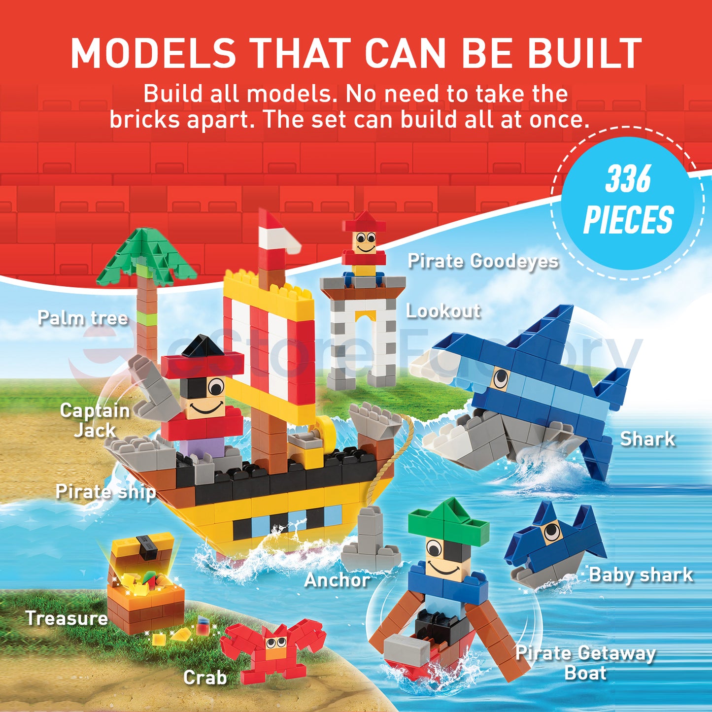 The Little Architect Pirates Building Blocks Kit for Kids, Australian Made. Boys, Girls – Pirate Ship Model Boat, Treasure Chest, Shark Brick, Deep Sea Creatures, Crab, Palm Tree. Pirate Build