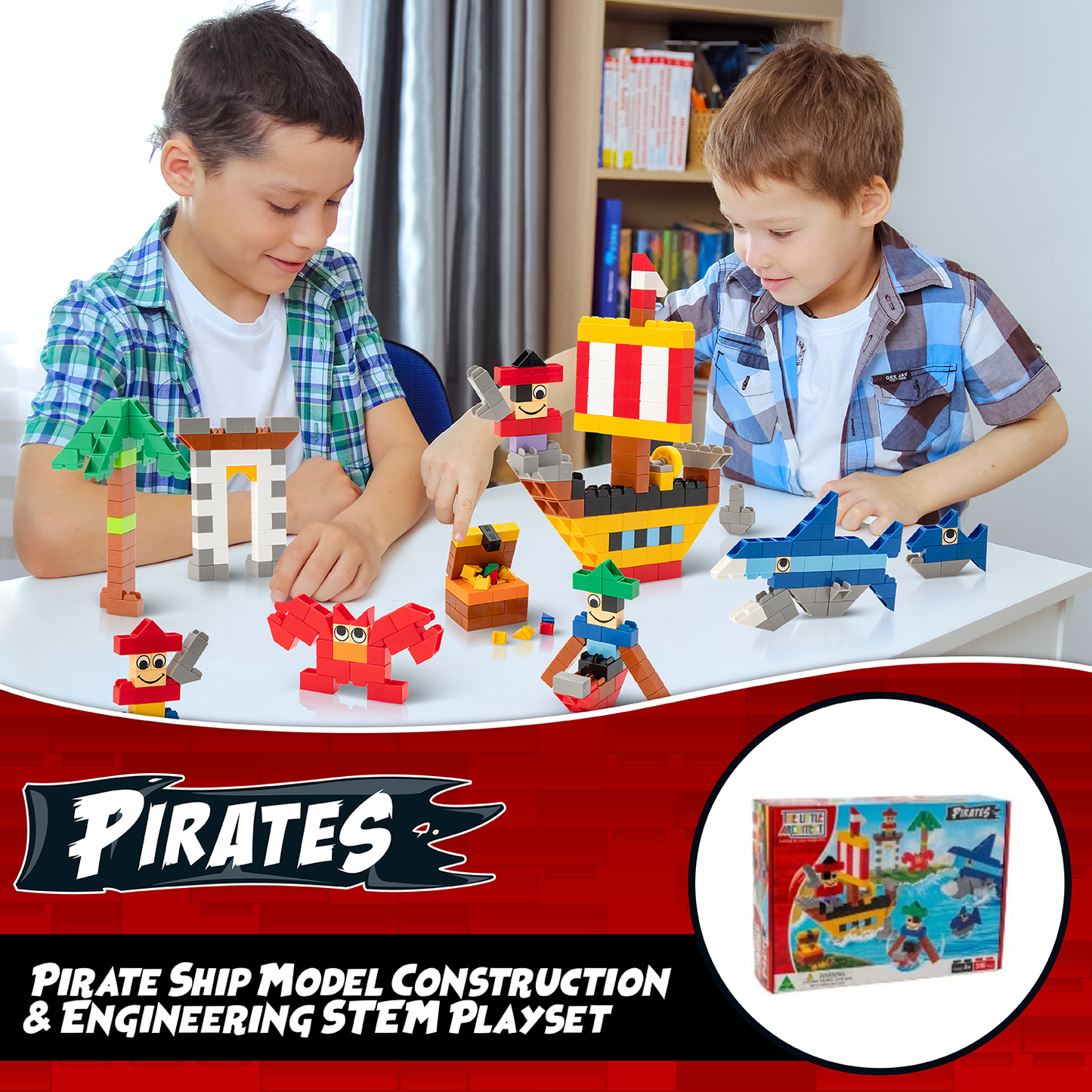 The Little Architect Pirates Building Blocks Kit for Kids, Australian Made. Boys, Girls – Pirate Ship Model Boat, Treasure Chest, Shark Brick, Deep Sea Creatures, Crab, Palm Tree. Pirate Build