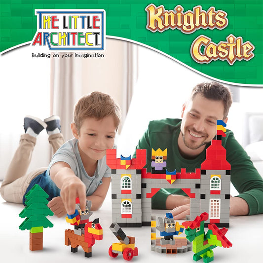 The Little Architect Knights Castle Building Toy Set *Australian Made* with Dragon, Drawbridge, Horse, Knights, King, Tree & More - Construction & STEM with Plastic Building Blocks